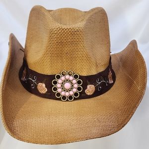 Gently Used Paper Straw Pink Embroidered Cowgirl Hat